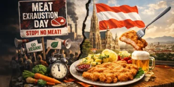 Meat Exhaustion Day: Wenn das Schnitzel plötzlich zum Politikum wird 46 Satirisches Titelbild zum Meat Exhaustion Day Österreich mit Protestszene gegen Fleischkonsum und Wiener Schnitzel als Gegenpol
