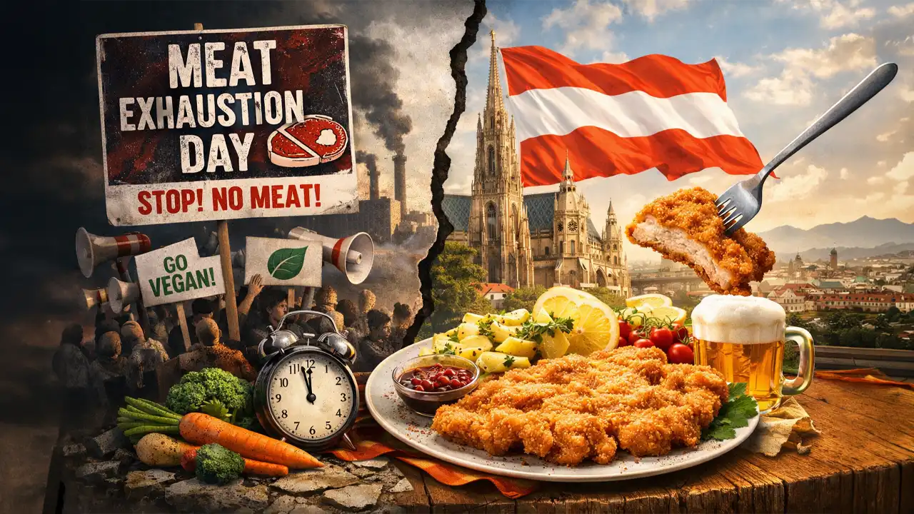 Satirisches Titelbild zum Meat Exhaustion Day Österreich mit Protestszene gegen Fleischkonsum und Wiener Schnitzel als Gegenpol