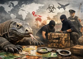 Komodowaran Schmuggel Indonesien zeigt einen Komodowaran neben Schmugglern, Polizei und Transportkisten in einer Hafenszene