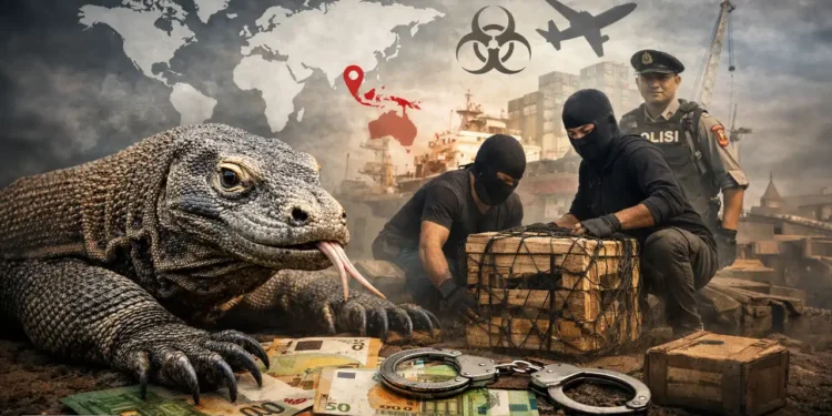 Komodowaran Schmuggel Indonesien zeigt einen Komodowaran neben Schmugglern, Polizei und Transportkisten in einer Hafenszene