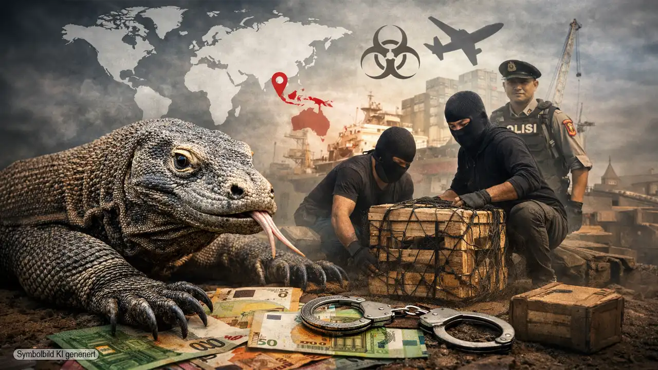 Komodowaran Schmuggel Indonesien zeigt einen Komodowaran neben Schmugglern, Polizei und Transportkisten in einer Hafenszene