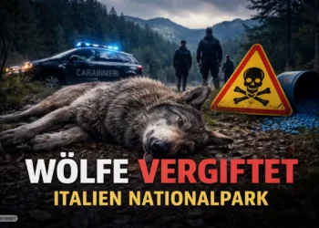 Wölfe vergiftet Italien Nationalpark – toter Wolf im Wald mit Giftwarnschild und Ermittlern im Hintergrund