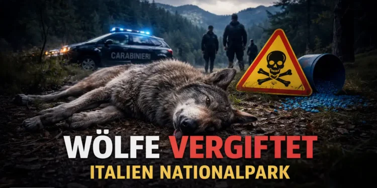 Wölfe vergiftet Italien Nationalpark – toter Wolf im Wald mit Giftwarnschild und Ermittlern im Hintergrund