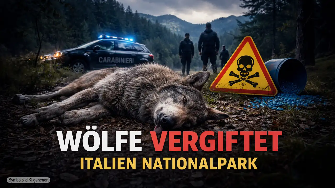 Wölfe vergiftet Italien Nationalpark – toter Wolf im Wald mit Giftwarnschild und Ermittlern im Hintergrund