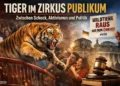 Tiger im Zirkus Publikum: Großkatze springt aus der Manege in Richtung Zuschauer, während Menschen erschrocken reagieren und Chaos entsteht