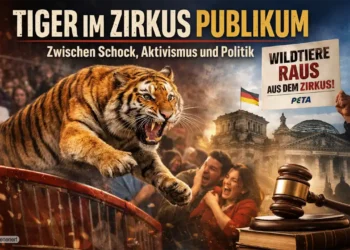 Tiger im Zirkus Publikum: Großkatze springt aus der Manege in Richtung Zuschauer, während Menschen erschrocken reagieren und Chaos entsteht