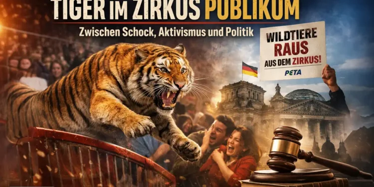 Tiger im Zirkus Publikum: Großkatze springt aus der Manege in Richtung Zuschauer, während Menschen erschrocken reagieren und Chaos entsteht