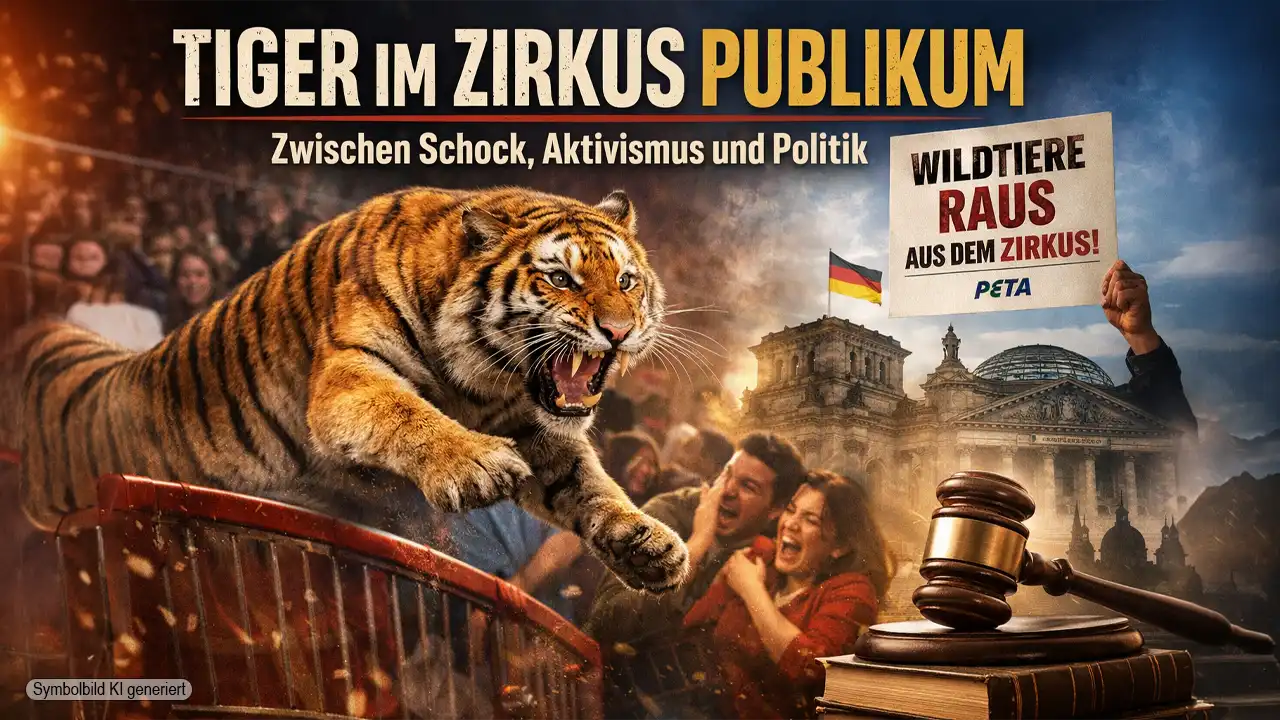 Tiger im Zirkus Publikum: Großkatze springt aus der Manege in Richtung Zuschauer, während Menschen erschrocken reagieren und Chaos entsteht
