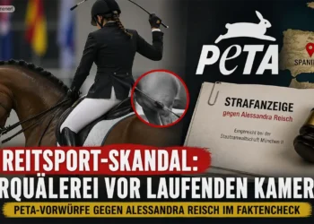 Alessandra Reisch PETA Vorwürfe: Reiterin mit Pferd, Gerte im Einsatz und symbolische Strafanzeige vor Spanien-Karte