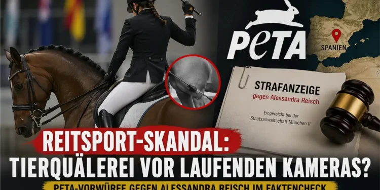 Alessandra Reisch PETA Vorwürfe: Reiterin mit Pferd, Gerte im Einsatz und symbolische Strafanzeige vor Spanien-Karte