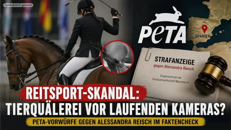 Alessandra Reisch PETA Vorwürfe: Reiterin mit Pferd, Gerte im Einsatz und symbolische Strafanzeige vor Spanien-Karte