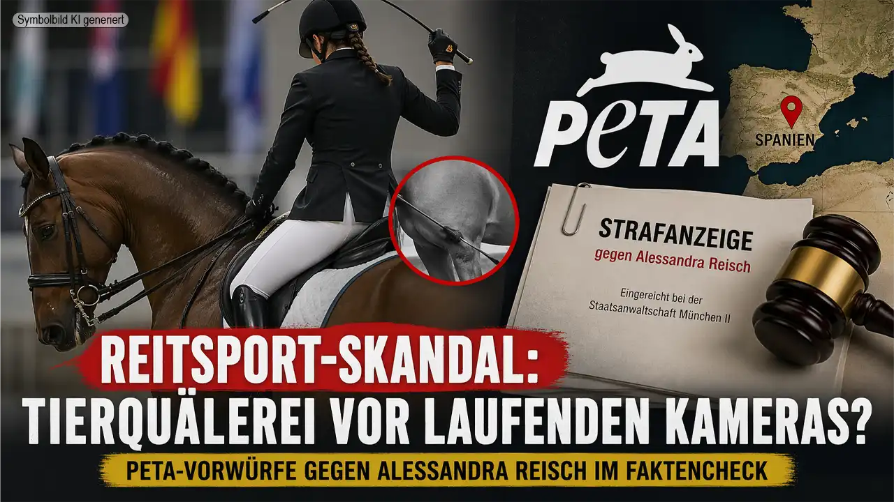 Alessandra Reisch PETA Vorwürfe: Reiterin mit Pferd, Gerte im Einsatz und symbolische Strafanzeige vor Spanien-Karte