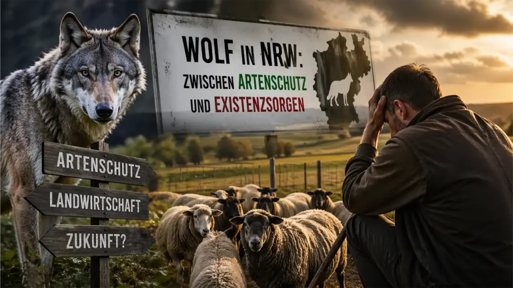 Wolf NRW Debatte: Wolf vor Schafherde während ein besorgter Landwirt die Situation auf seiner Weide beobachtet