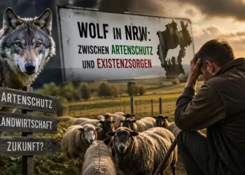 Wolf NRW Debatte: Wolf vor Schafherde während ein besorgter Landwirt die Situation auf seiner Weide beobachtet