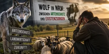 Wolf NRW Debatte: Wolf vor Schafherde während ein besorgter Landwirt die Situation auf seiner Weide beobachtet