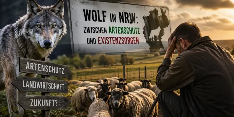 Wolf NRW Debatte: Wolf vor Schafherde während ein besorgter Landwirt die Situation auf seiner Weide beobachtet