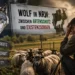 Wolf NRW Debatte: Wolf vor Schafherde während ein besorgter Landwirt die Situation auf seiner Weide beobachtet
