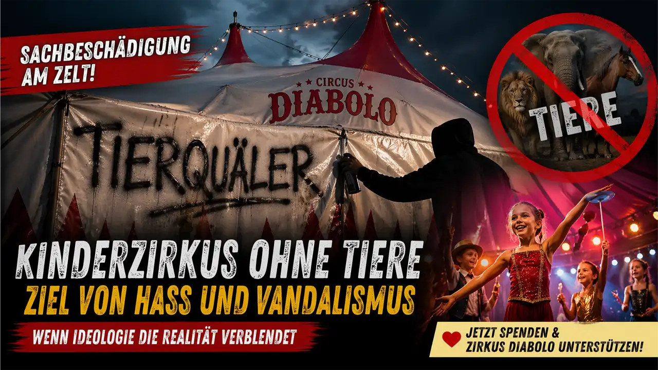 Circus Diabolo Sachbeschädigung: Beschmiertes Zirkuszelt eines Kinderzirkus ohne Tiere nach Vandalismus im Fokus