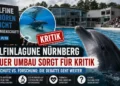 Delfinlagune Nürnberg Kritik: Delfin im Becken des Tiergarten Nürnberg vor Zuschauern, Protest gegen Delfinhaltung im Hintergrund