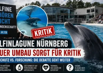 Delfinlagune Nürnberg Kritik: Delfin im Becken des Tiergarten Nürnberg vor Zuschauern, Protest gegen Delfinhaltung im Hintergrund