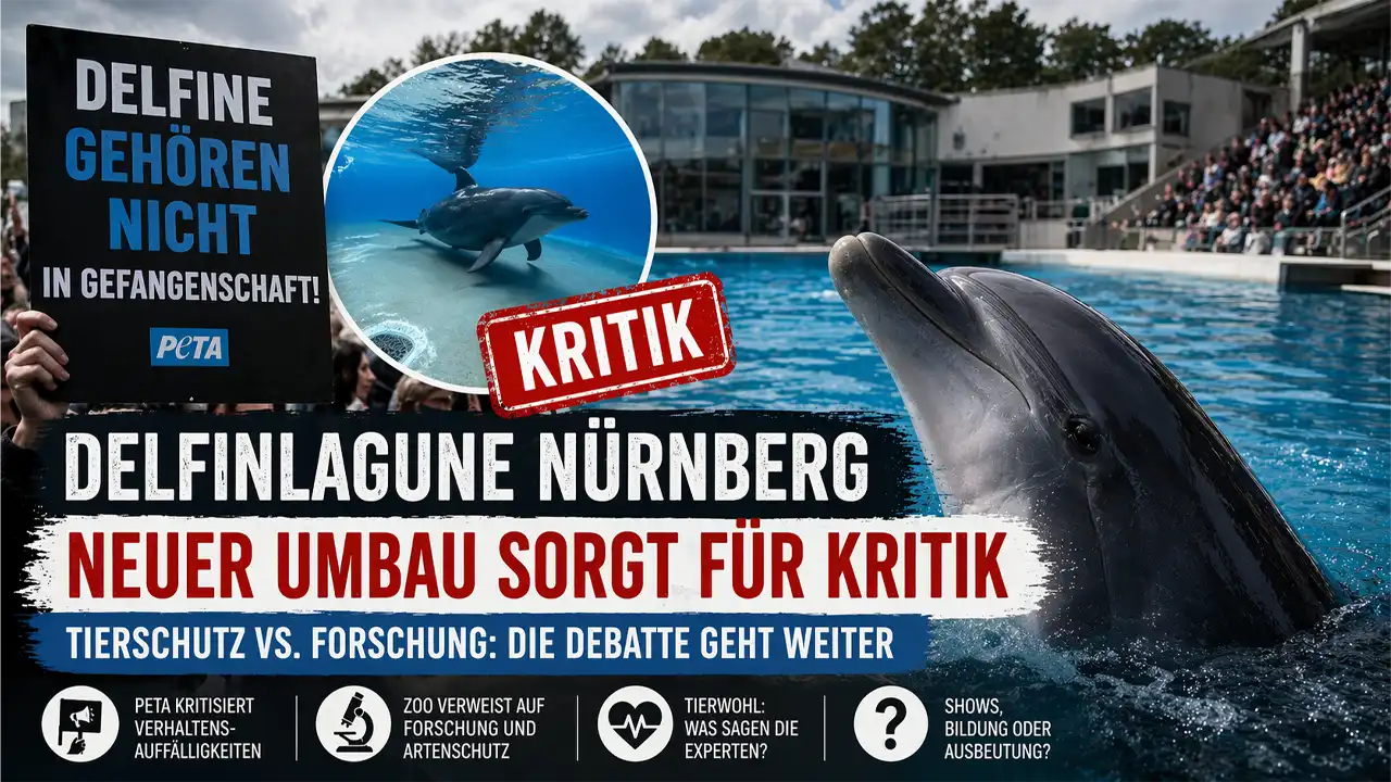 Delfinlagune Nürnberg Kritik: Delfin im Becken des Tiergarten Nürnberg vor Zuschauern, Protest gegen Delfinhaltung im Hintergrund
