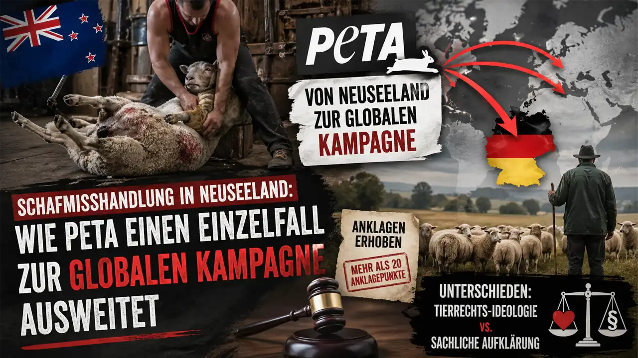 Schafmisshandlung Neuseeland PETA: Symbolbild zeigt Schafscherer, verletztes Schaf und globale Kampagnenausweitung bis nach Deutschland