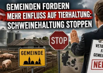 Gemeinden Einfluss Tierhaltung Dänemark: Politiker stoppt symbolisch Schweinehaltung vor Bauernhof mit Stoppschild und Gemeinde-Schild