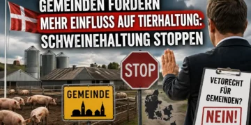 Gemeinden Einfluss Tierhaltung Dänemark: Politiker stoppt symbolisch Schweinehaltung vor Bauernhof mit Stoppschild und Gemeinde-Schild