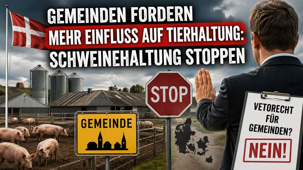 Gemeinden Einfluss Tierhaltung Dänemark: Politiker stoppt symbolisch Schweinehaltung vor Bauernhof mit Stoppschild und Gemeinde-Schild