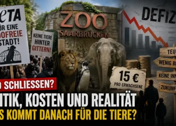 Zoo Saarbrücken Kritik: Demonstration mit PETA-Schildern vor dem Zoo, daneben Tiere hinter Gittern und Symbole für finanzielle Verluste