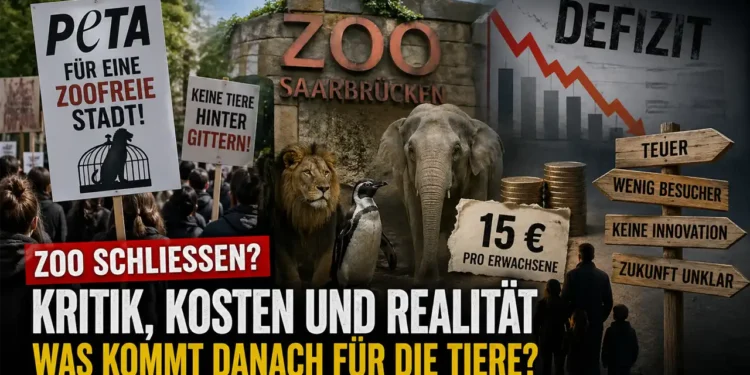 Zoo Saarbrücken Kritik: Demonstration mit PETA-Schildern vor dem Zoo, daneben Tiere hinter Gittern und Symbole für finanzielle Verluste