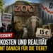 Zoo Saarbrücken Kritik: Demonstration mit PETA-Schildern vor dem Zoo, daneben Tiere hinter Gittern und Symbole für finanzielle Verluste