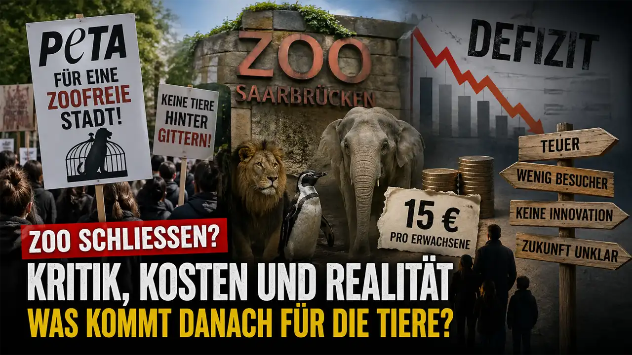 Zoo Saarbrücken Kritik: Demonstration mit PETA-Schildern vor dem Zoo, daneben Tiere hinter Gittern und Symbole für finanzielle Verluste