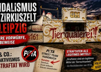 Vandalismus Zirkus Leipzig: Beschmiertes Zirkuszelt mit Graffiti „Tierquälerei“ und Täter im Hintergrund
