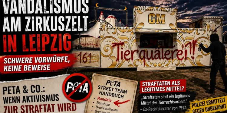 Vandalismus Zirkus Leipzig: Beschmiertes Zirkuszelt mit Graffiti „Tierquälerei“ und Täter im Hintergrund