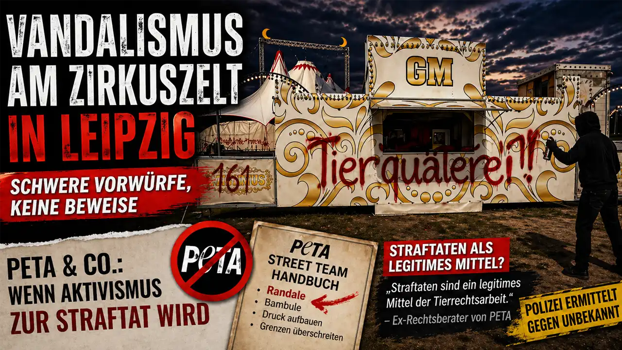 Vandalismus Zirkus Leipzig: Beschmiertes Zirkuszelt mit Graffiti „Tierquälerei“ und Täter im Hintergrund