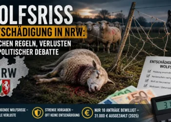 Wolfsriss Entschädigung NRW zeigt gerissene Schafe und beschädigten Zaun nach einem Wolfsangriff