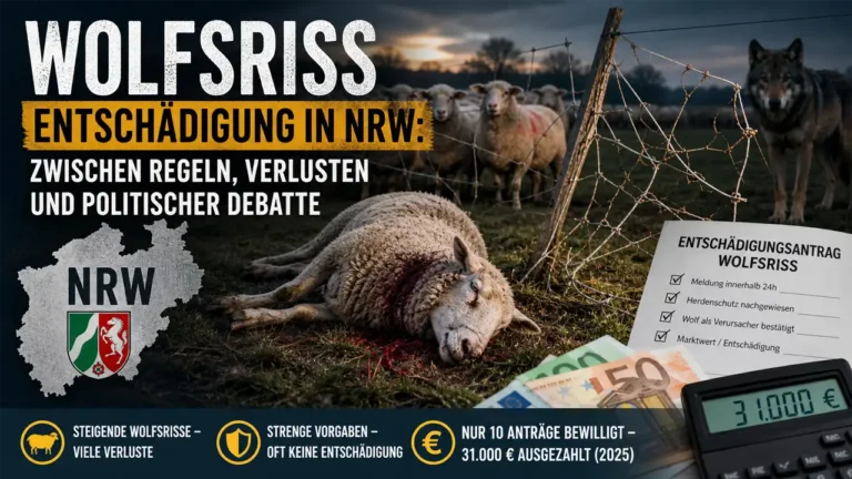 Wolfsriss Entschädigung NRW zeigt gerissene Schafe und beschädigten Zaun nach einem Wolfsangriff