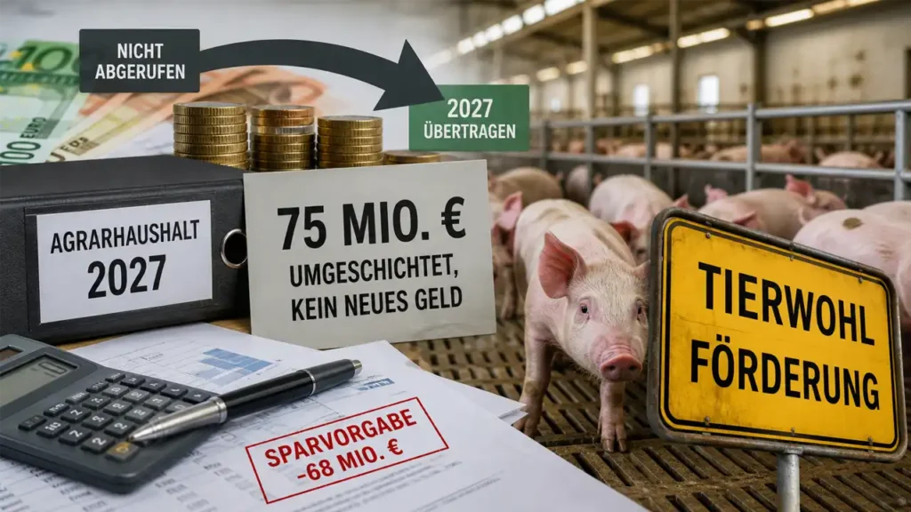 Tierwohlförderung Agrarhaushalt 2027: Schweinestall, Geldstapel und Akten zeigen umgeschichtete Fördermittel ohne echte Aufstockung