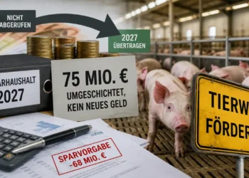 Tierwohlförderung Agrarhaushalt 2027: Schweinestall, Geldstapel und Akten zeigen umgeschichtete Fördermittel ohne echte Aufstockung