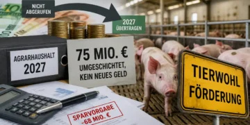 Tierwohlförderung als Haushaltstrick? – 75 Millionen Euro ohne echte Wirkung 18 Tierwohlförderung Agrarhaushalt 2027: Schweinestall, Geldstapel und Akten zeigen umgeschichtete Fördermittel ohne echte Aufstockung