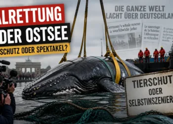 Walrettung Ostsee Kritik: Ein Buckelwal wird von Kränen und Gurten umgeben, während Medien und Einsatzkräfte die Szene dokumentieren.