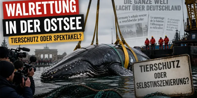 Walrettung Ostsee Kritik: Ein Buckelwal wird von Kränen und Gurten umgeben, während Medien und Einsatzkräfte die Szene dokumentieren.