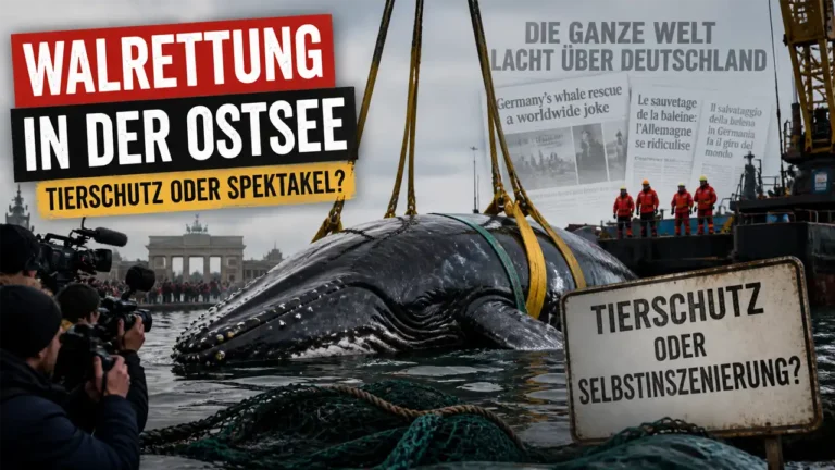 Walrettung Ostsee Kritik: Ein Buckelwal wird von Kränen und Gurten umgeben, während Medien und Einsatzkräfte die Szene dokumentieren.