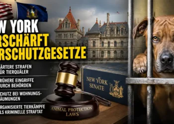 Titelbild zu „New York Tierschutzgesetze“ mit New Yorker Kapitol, Richterhammer und eingesperrtem Hund als Symbol für strengere Tiergesetze.
