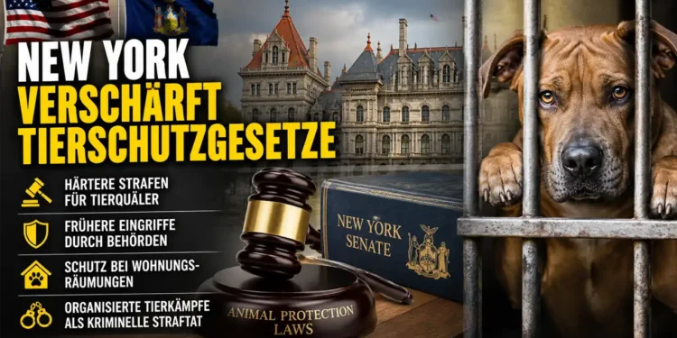Titelbild zu „New York Tierschutzgesetze“ mit New Yorker Kapitol, Richterhammer und eingesperrtem Hund als Symbol für strengere Tiergesetze.