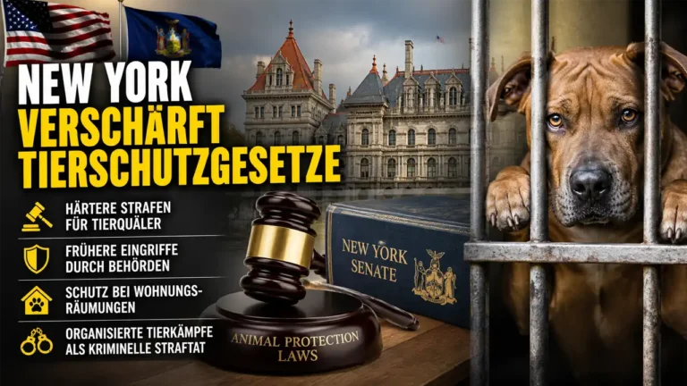 Titelbild zu „New York Tierschutzgesetze“ mit New Yorker Kapitol, Richterhammer und eingesperrtem Hund als Symbol für strengere Tiergesetze.