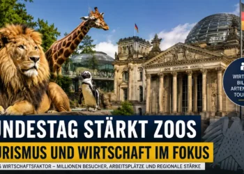 Bundestag Zoos Tourismus: Symbolbild mit Reichstagsgebäude, Zoo-Tieren und politischem Fokus auf Tourismus, Wirtschaft und Zoos in Deutschland.