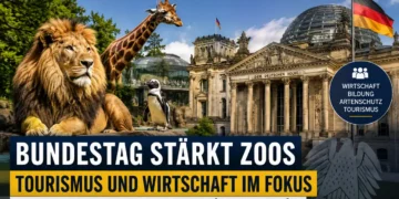 Bundestag Zoos Tourismus: Symbolbild mit Reichstagsgebäude, Zoo-Tieren und politischem Fokus auf Tourismus, Wirtschaft und Zoos in Deutschland.