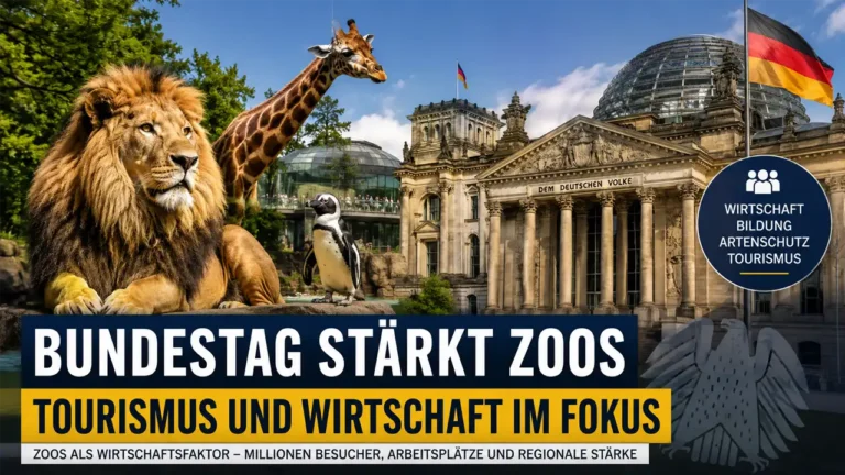 Bundestag Zoos Tourismus: Symbolbild mit Reichstagsgebäude, Zoo-Tieren und politischem Fokus auf Tourismus, Wirtschaft und Zoos in Deutschland.